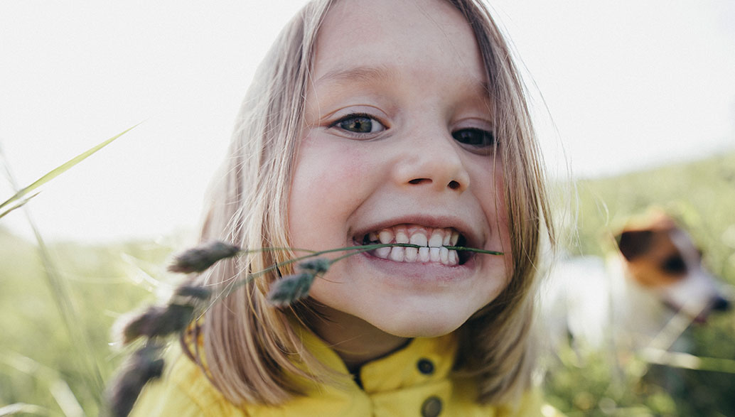 Kind auf einer Wiese Mit Halm Zwischen Zähnen 