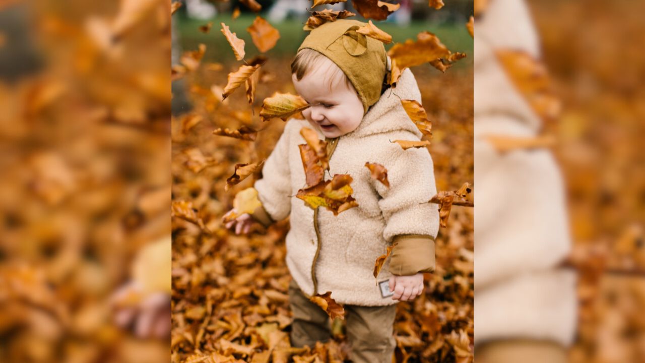 Kleinkind in Herbstlaub stehend